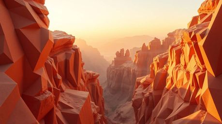 Experience a serene, dreamlike landscape of a rocky canyon bathed in warm sunset hues, rendered in a meticulous origami style