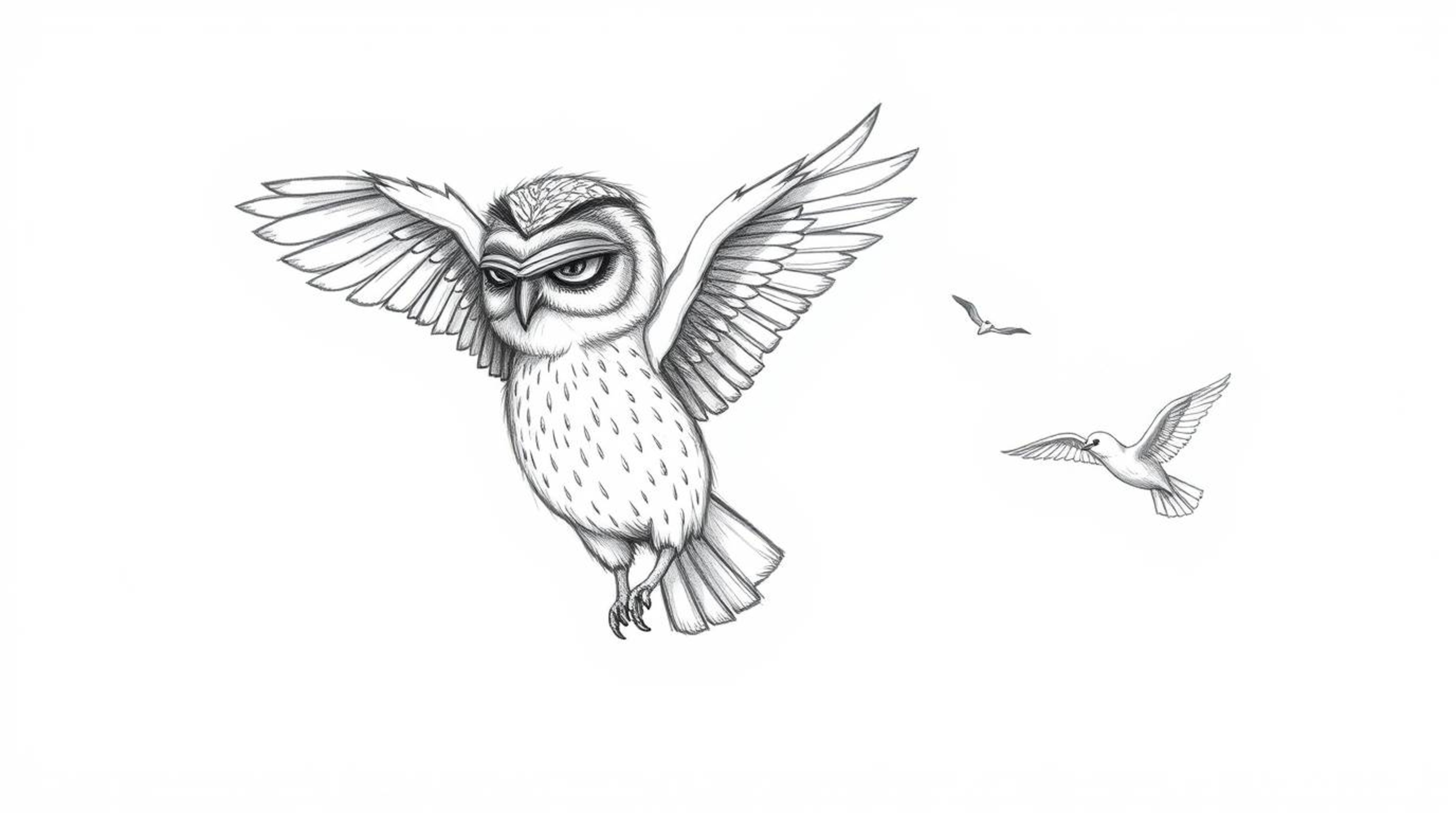 A captivating hand-drawn sketch in a Pixar-esque style depicts a blind owl with intricately detailed feathers guiding birds i
