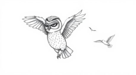 A captivating hand-drawn sketch in a Pixar-esque style depicts a blind owl with intricately detailed feathers guiding birds i
