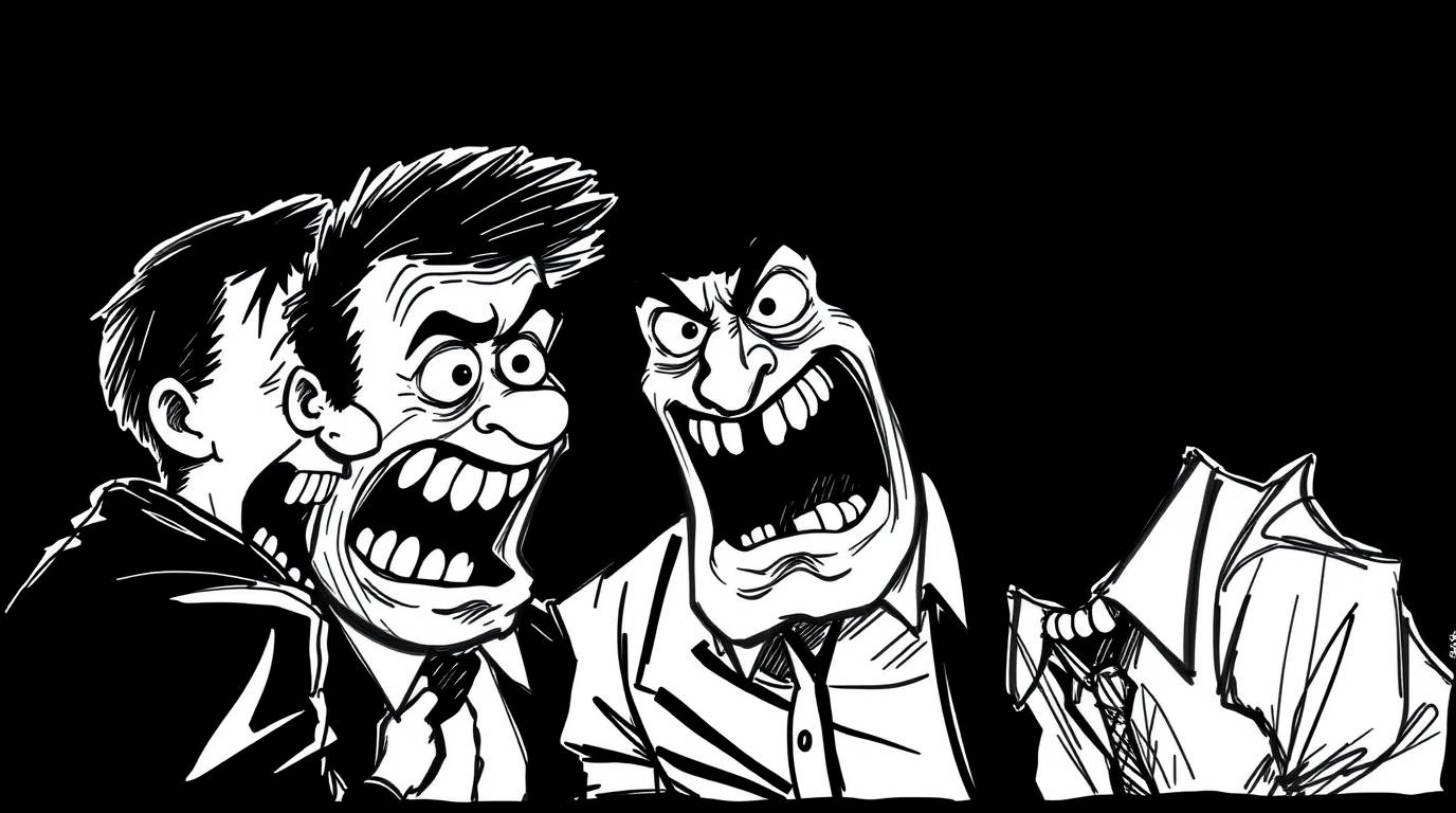 This artwork captures a hilariously grotesque comedy moment in a hand-drawn sketch, rendered in intense jet black with exagge