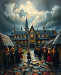 Discover a captivating oil painting depicting a magical school brimming with young wizards.  The artwork features intense dra