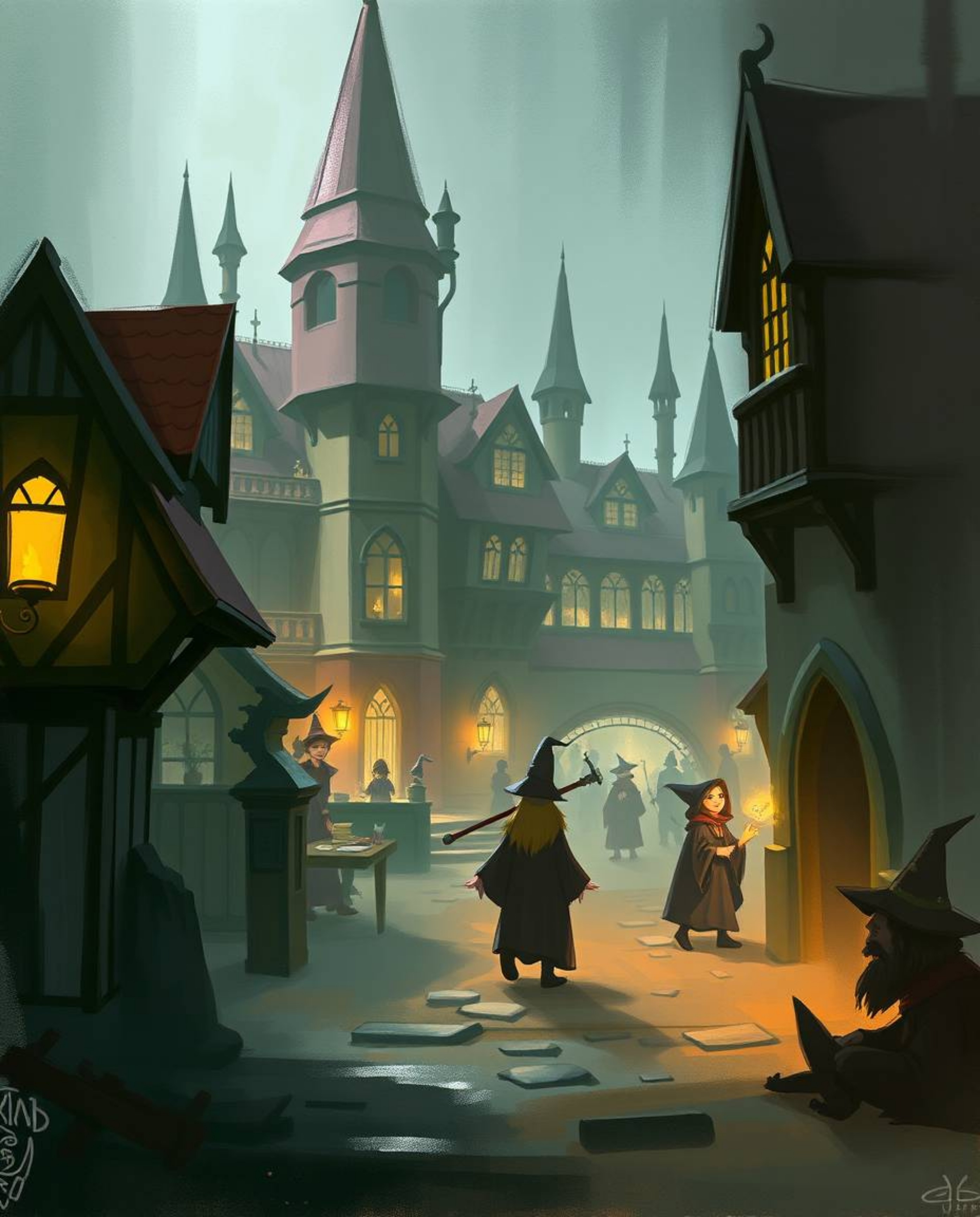 Discover a captivating digital sketch of a charming magical school brimming with young wizards. This unfinished concept art