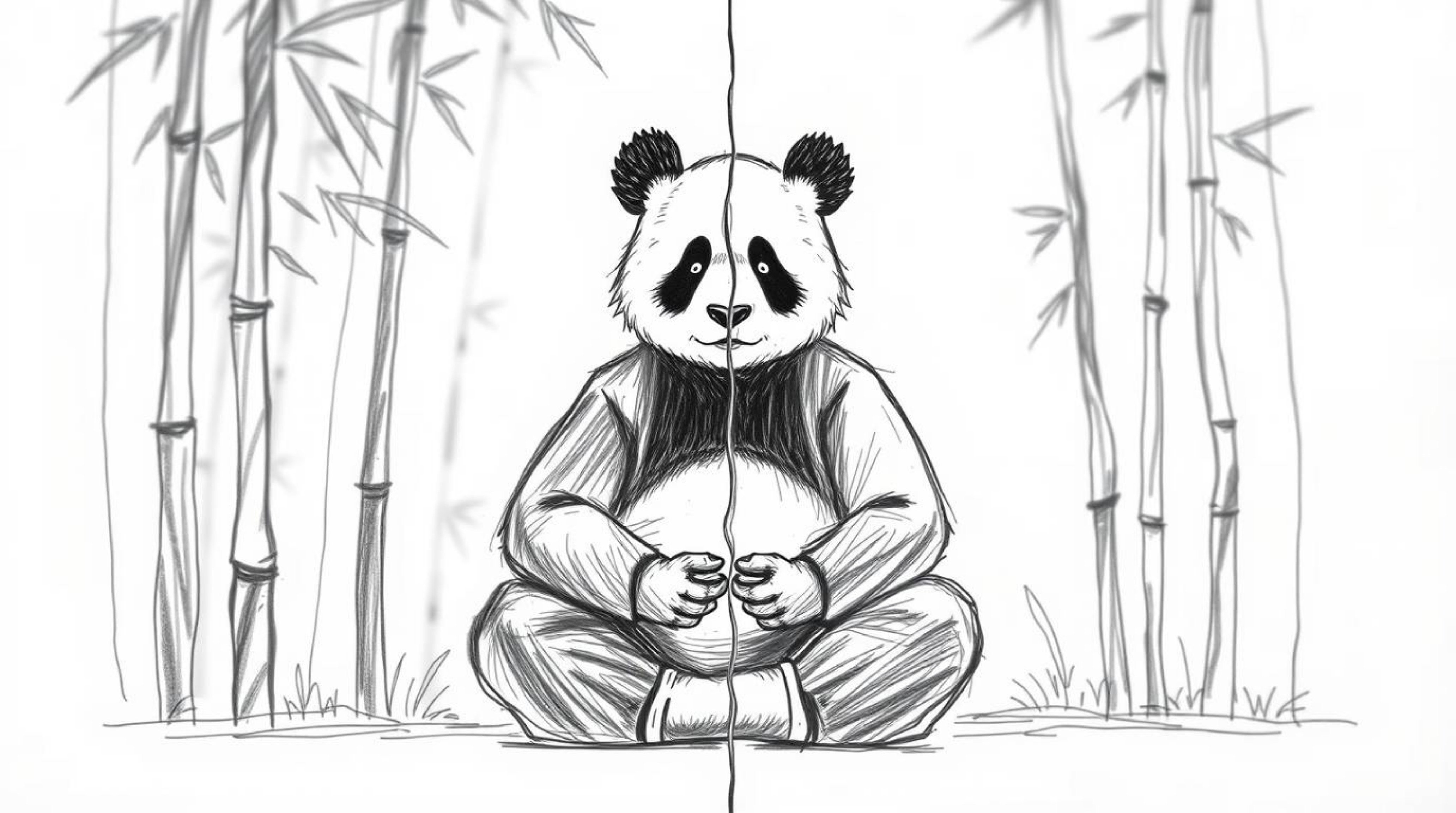 A unique split hand-drawn sketch showcases a meditating martial artist panda in a bamboo forest.  The image features a blurre