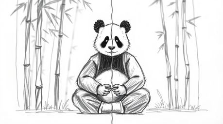 A unique split hand-drawn sketch showcases a meditating martial artist panda in a bamboo forest.  The image features a blurre