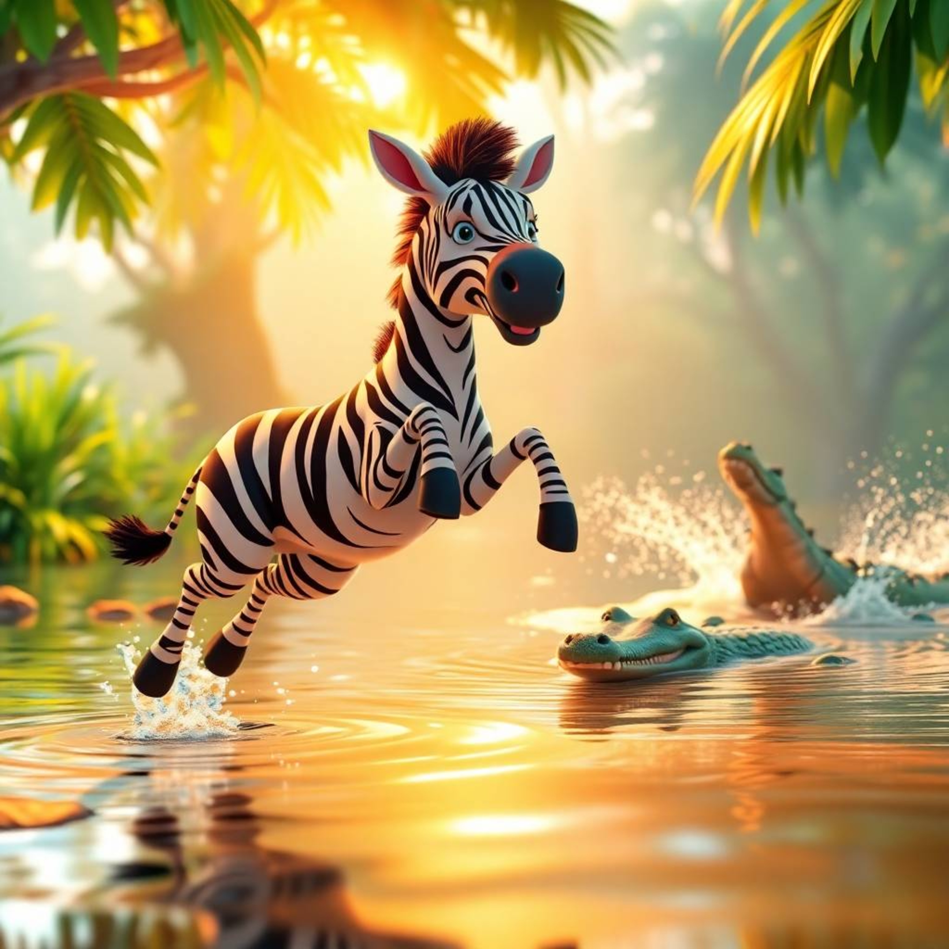 A heartwarming 3D cartoon scene depicts a zebra leaping towards safety on a riverbank, its initial fear contrasted by the rad