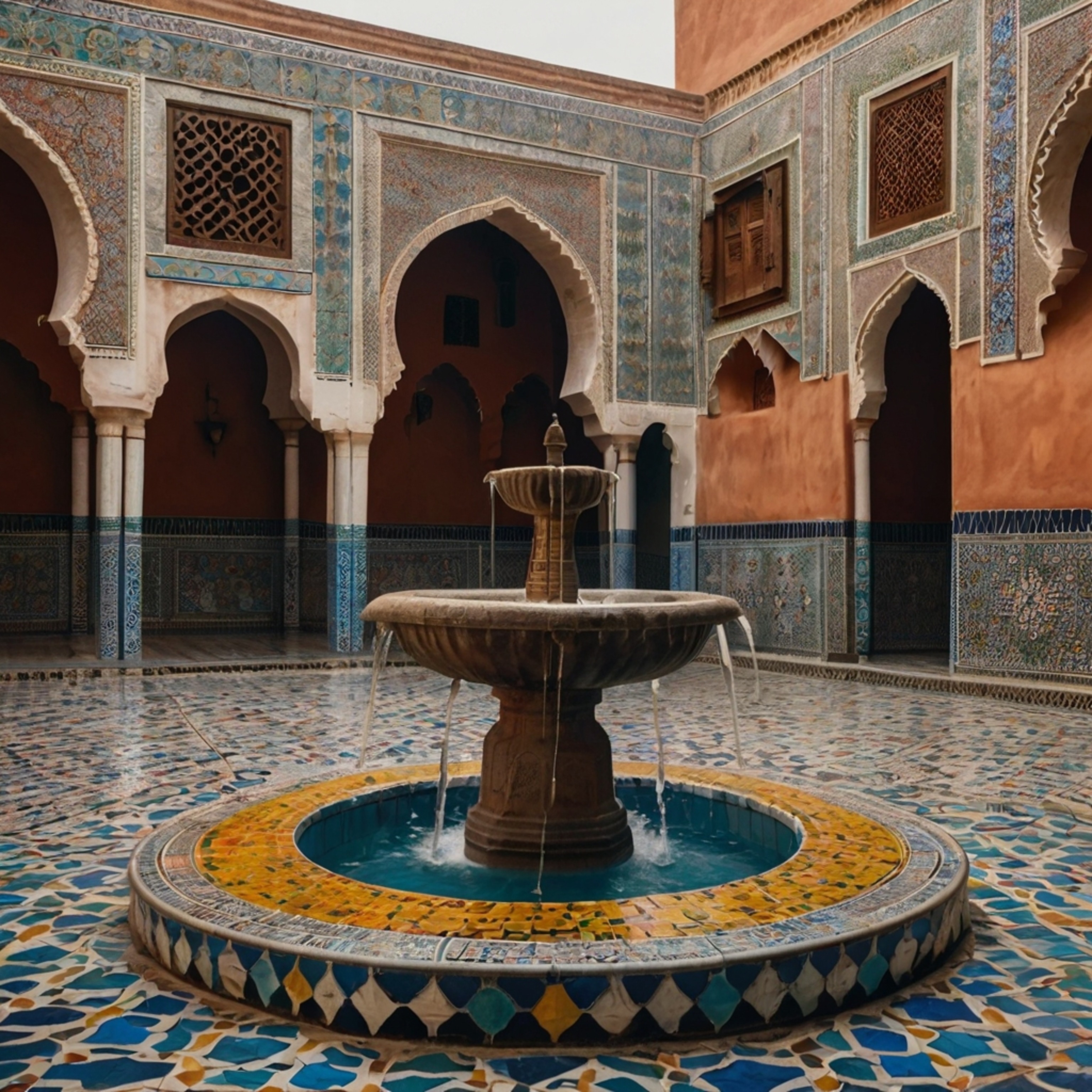 Discover the beauty of a traditional Moroccan courtyard, a stunning display of vibrant colors and intricate artistry.  Featur