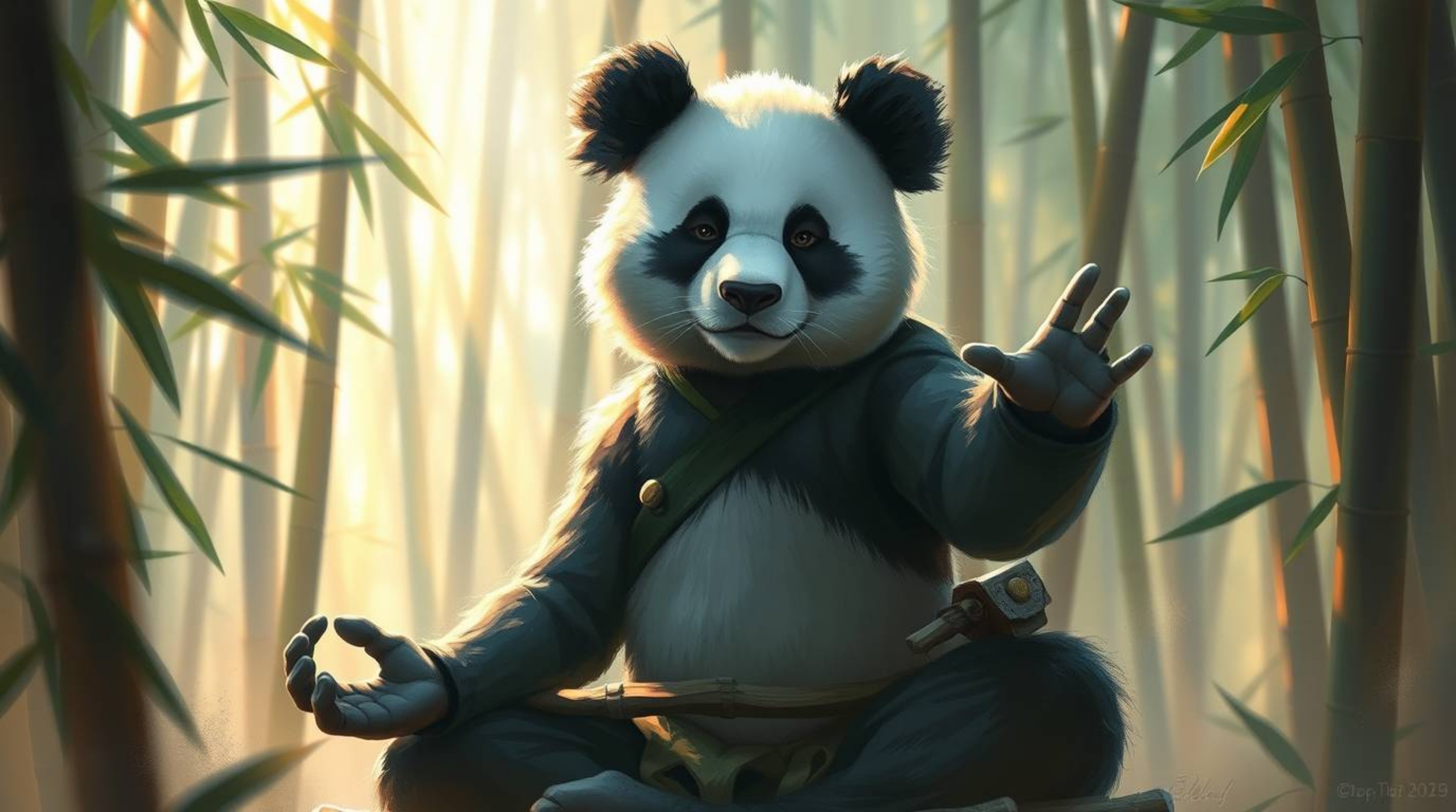 A captivating digital painting depicts a serene panda martial artist meditating amidst a lush bamboo forest.  The artwork sho