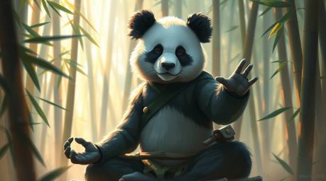 A captivating digital painting depicts a serene panda martial artist meditating amidst a lush bamboo forest.  The artwork sho