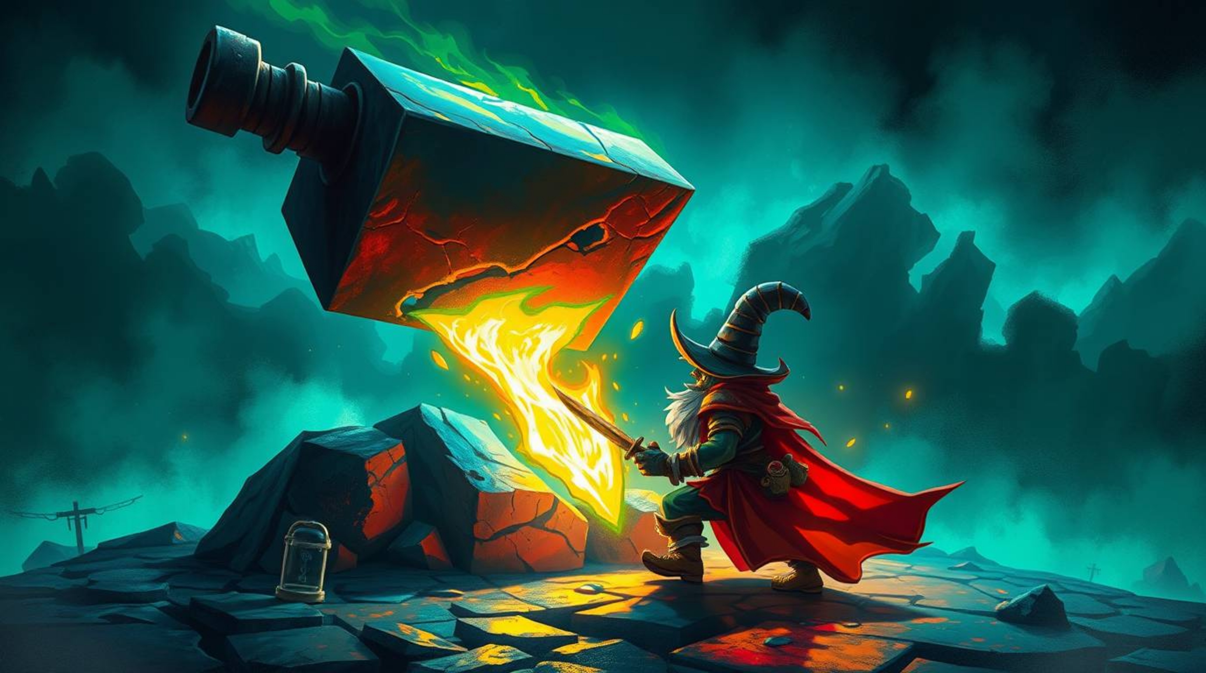 A digitally painted image capturing the moment before an anvil falls on a trickster figure. The scene explodes with vibrant b