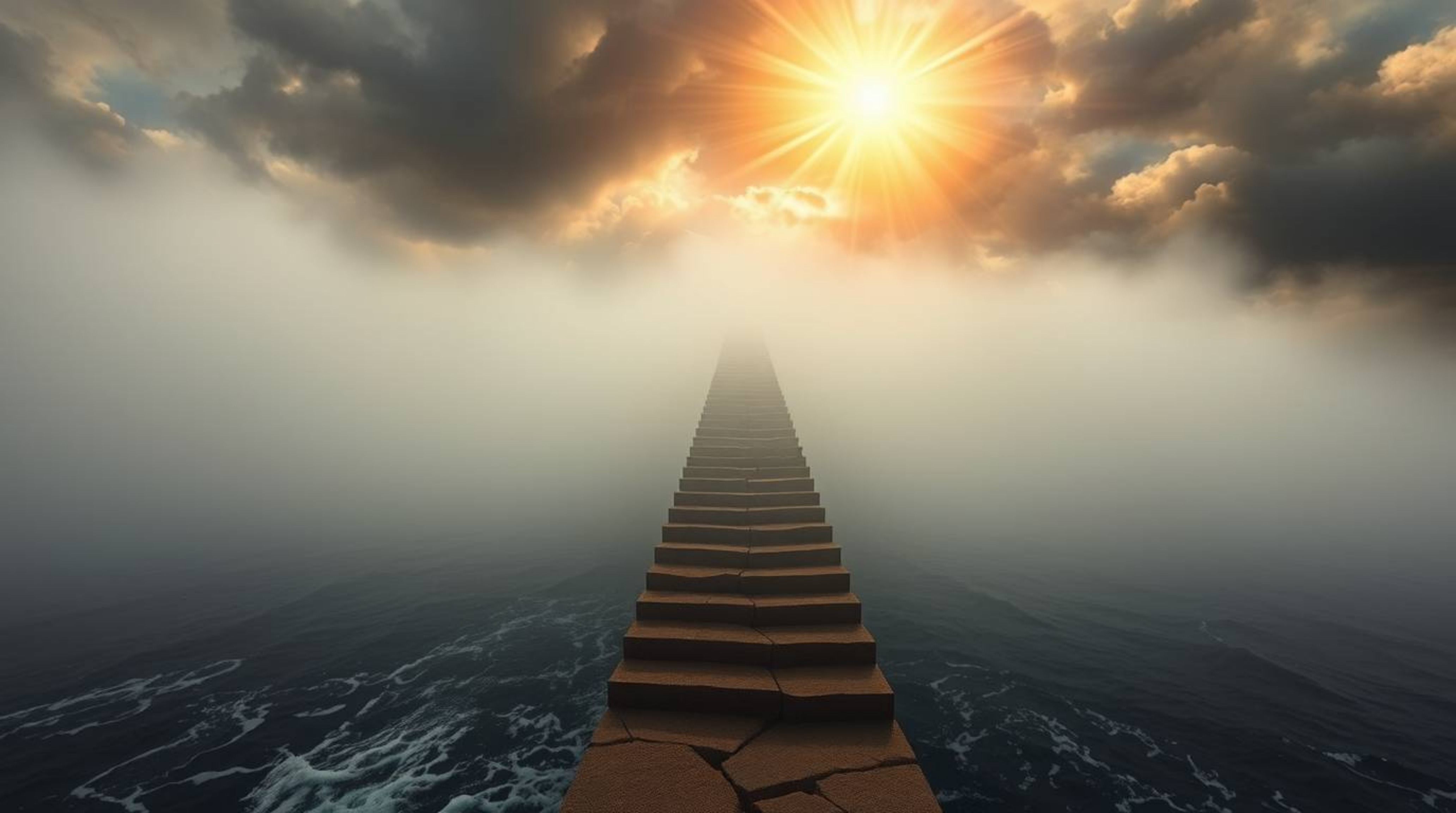 A dramatic staircase rises from a misty ocean, leading upwards into a tempestuous sky illuminated by a divine sunburst.  Rend