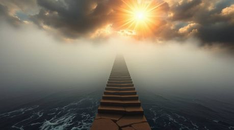 A dramatic staircase rises from a misty ocean, leading upwards into a tempestuous sky illuminated by a divine sunburst.  Rend