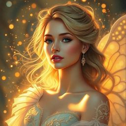 A captivating painting depicts a graceful fairy godmother emerging from a swirl of sparkling light. Bathed in the warm glow