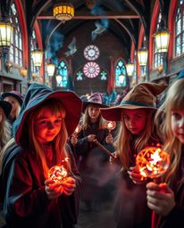 A tight close-up shot capturing the vibrant details of a magical school brimming with young wizards. The image emphasizes ele