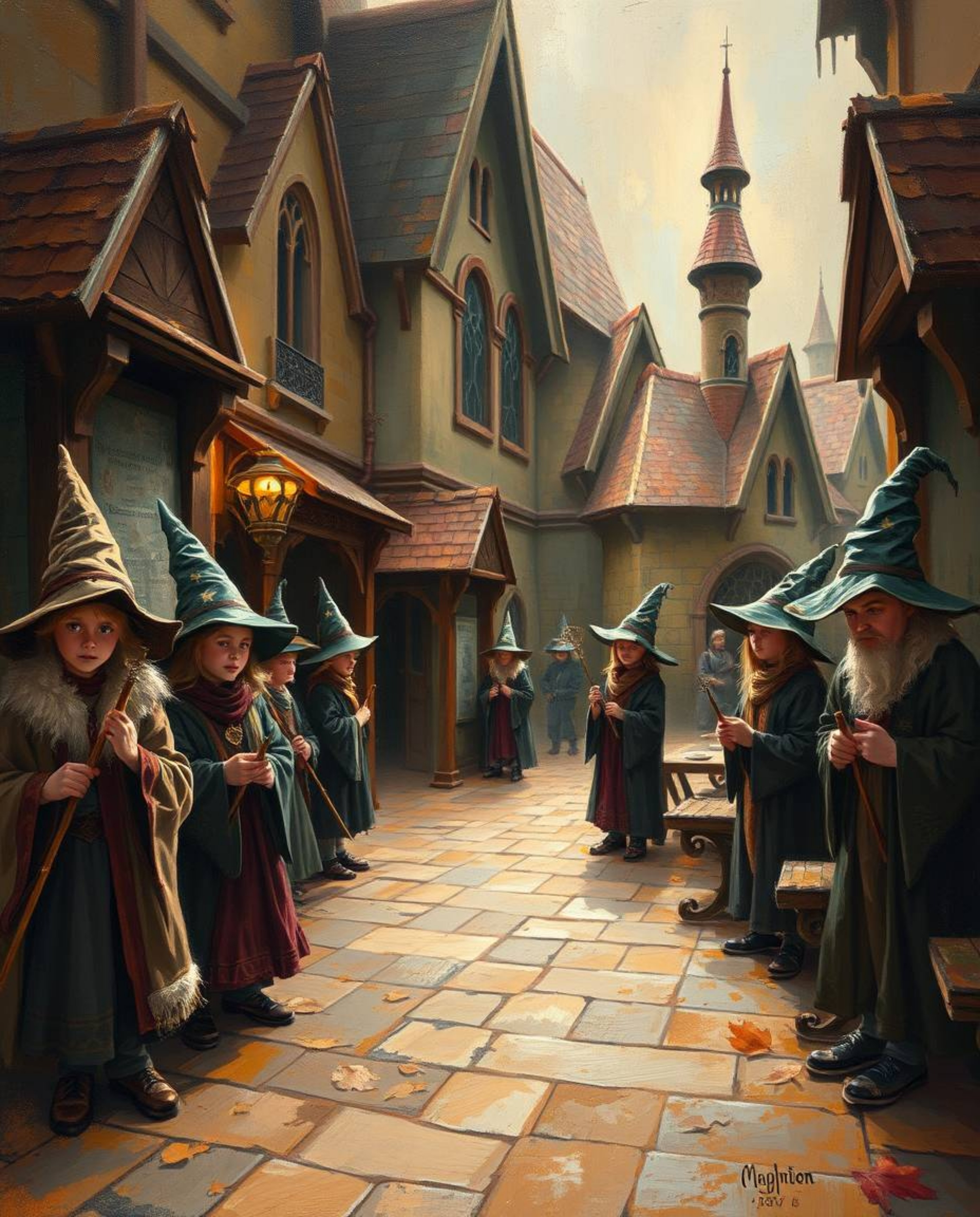 Immerse yourself in a magical school brimming with young wizards, brought to life in the classic oil painting style. The war