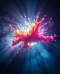Explore mesmerizing abstract 3D digital art featuring vibrant splash shapes floating in space, bathed in dramatic volumetric 