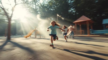 Experience a dramatic slow-motion run through a playground, rendered in an ethereal and spiritual vibe, reminiscent of a clas