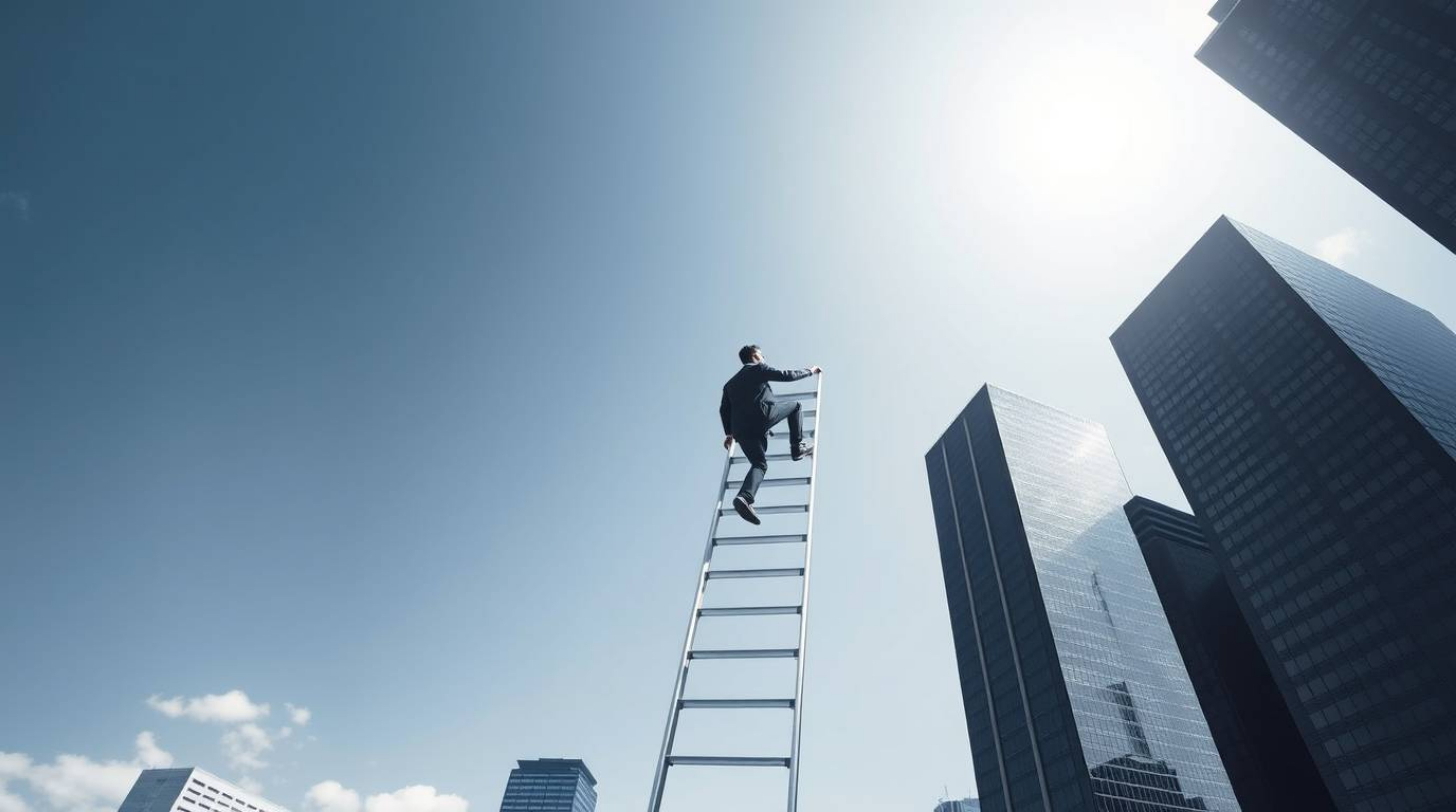 A captivating series of black and white photographs depicting a businessperson ascending a transparent ladder that seemingly 