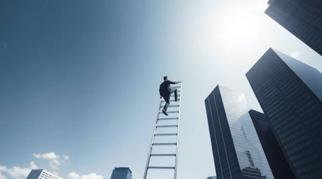 A captivating series of black and white photographs depicting a businessperson ascending a transparent ladder that seemingly 