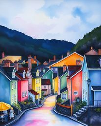 This stunning watercolor painting depicts a sleepy town filled with charming pastel-colored houses. The artist masterfully em