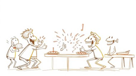 A whimsical hand-drawn sketch depicts a chaotic cartoon cafeteria food fight, rendered with expressive, textured pencil strok