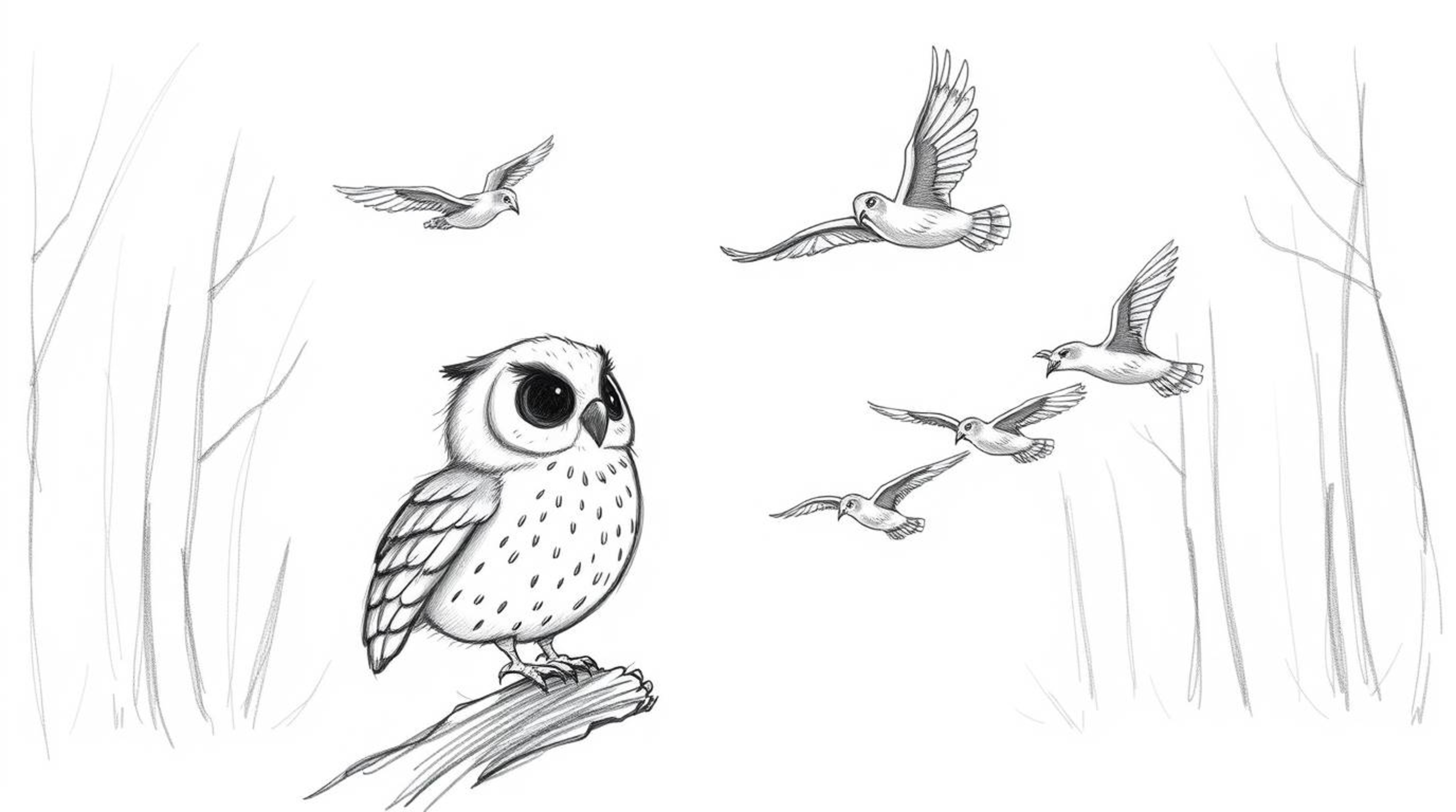 A heartwarming hand-drawn sketch in the style of Pixar depicts a blind owl with gentle features patiently teaching a flock of
