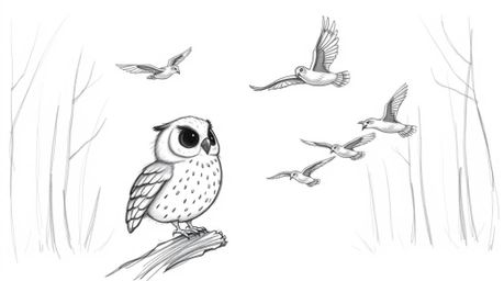 A heartwarming hand-drawn sketch in the style of Pixar depicts a blind owl with gentle features patiently teaching a flock of