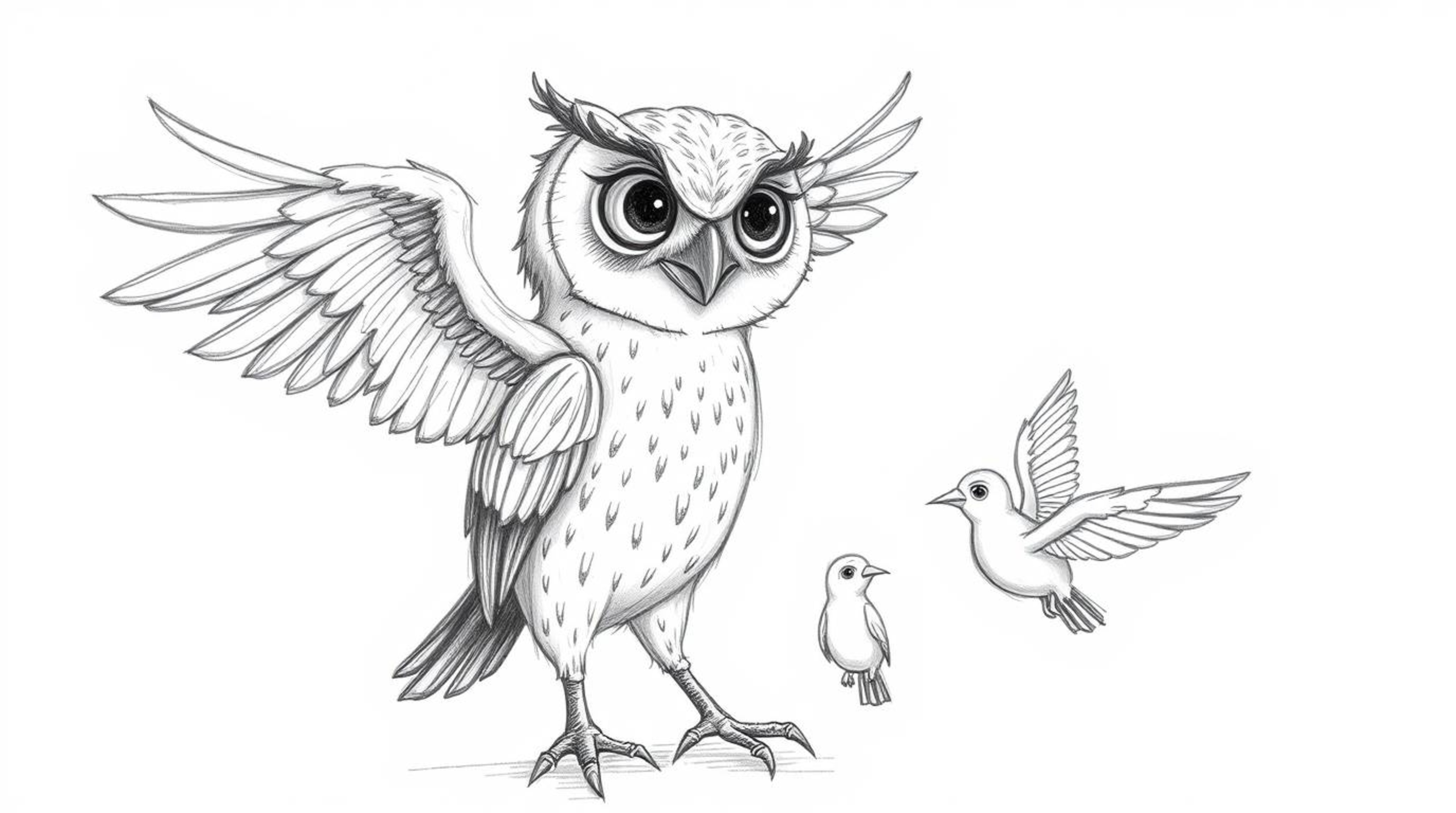 A hand-drawn, Pixar-inspired sketch depicts a wise-looking blind owl with meticulously detailed feathers, patiently guiding a