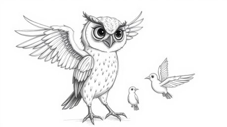 A hand-drawn, Pixar-inspired sketch depicts a wise-looking blind owl with meticulously detailed feathers, patiently guiding a
