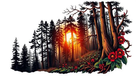 A stunning symbolic traditional tattoo art print showcasing a vibrant sunset filtering through a dense forest.  The strong, h