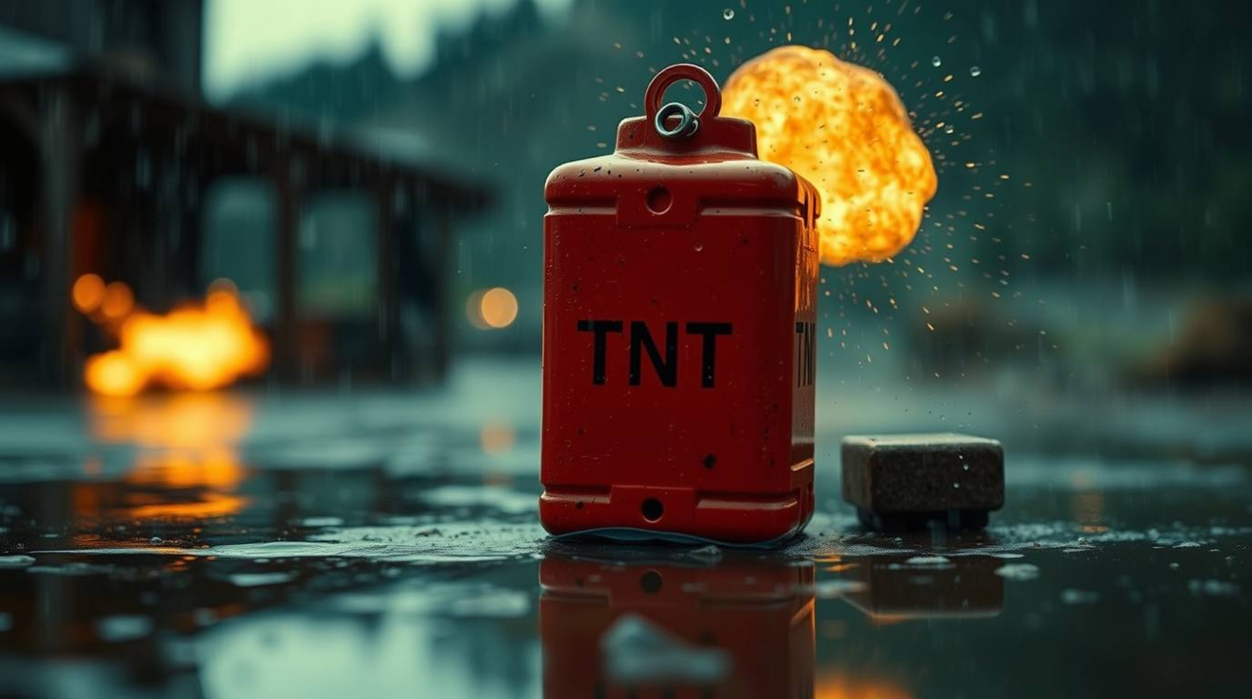 A classic TNT gag explodes in a blurred bokeh-infused wild west scene.  Reflective surfaces shimmer in the wet, rainy environ