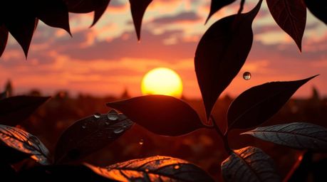 Experience a dramatic and cinematic scene featuring a layered papier-mâché sunset reflected in raindrops clinging to leaves. 