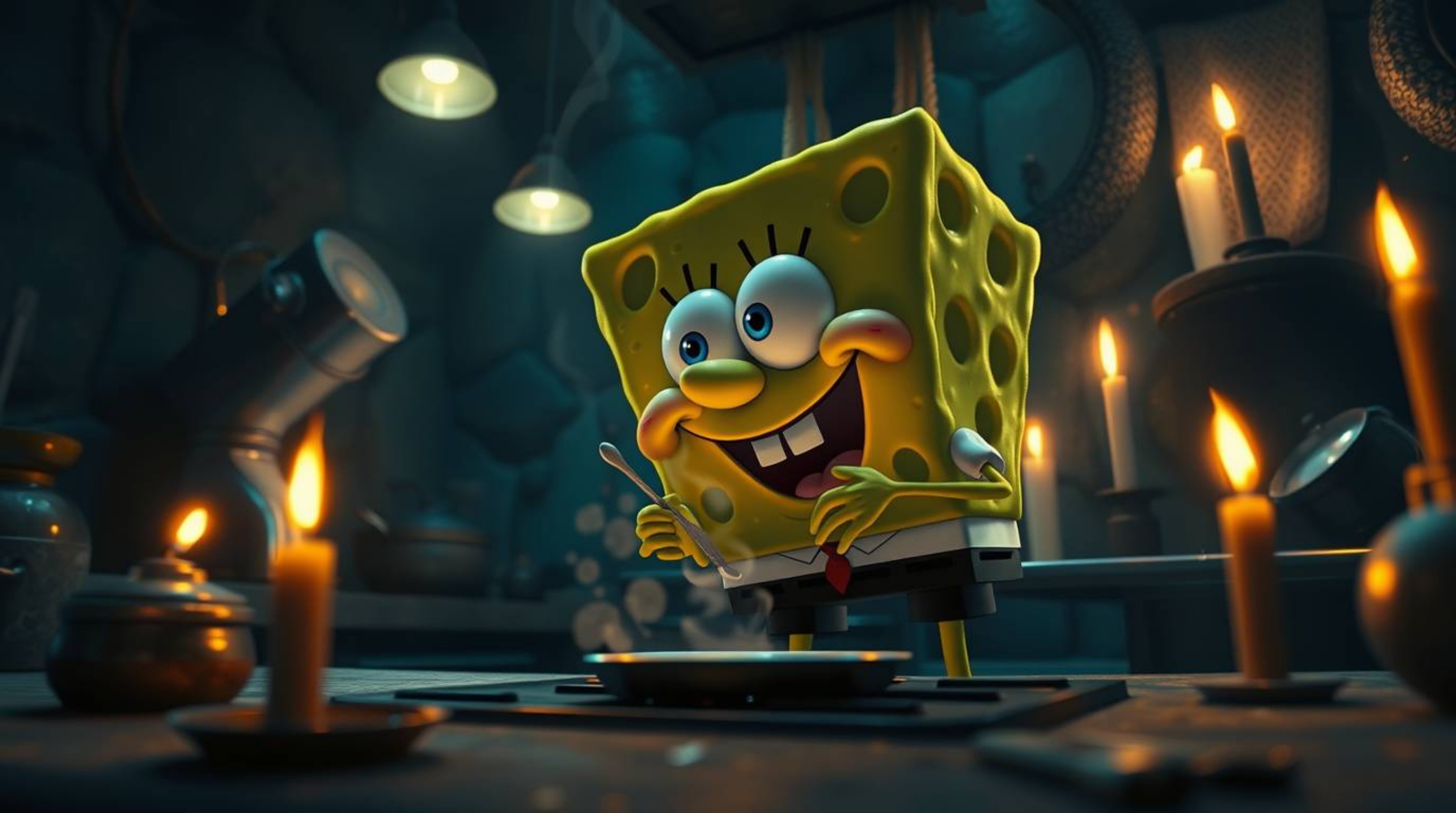 A captivating low-angle shot depicts a sponge character passionately cooking within a whimsical underwater kitchen.  The scen