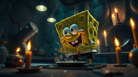 A captivating low-angle shot depicts a sponge character passionately cooking within a whimsical underwater kitchen.  The scen