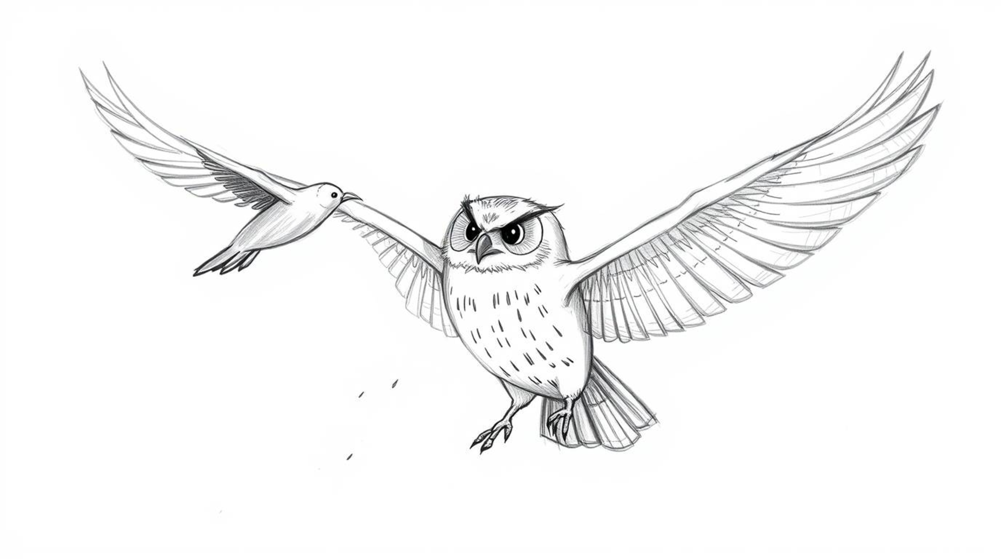 A heartwarming hand-drawn sketch in the style of Pixar depicts a blind owl patiently teaching birds to fly.  Soft pencil stro