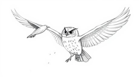 A heartwarming hand-drawn sketch in the style of Pixar depicts a blind owl patiently teaching birds to fly.  Soft pencil stro