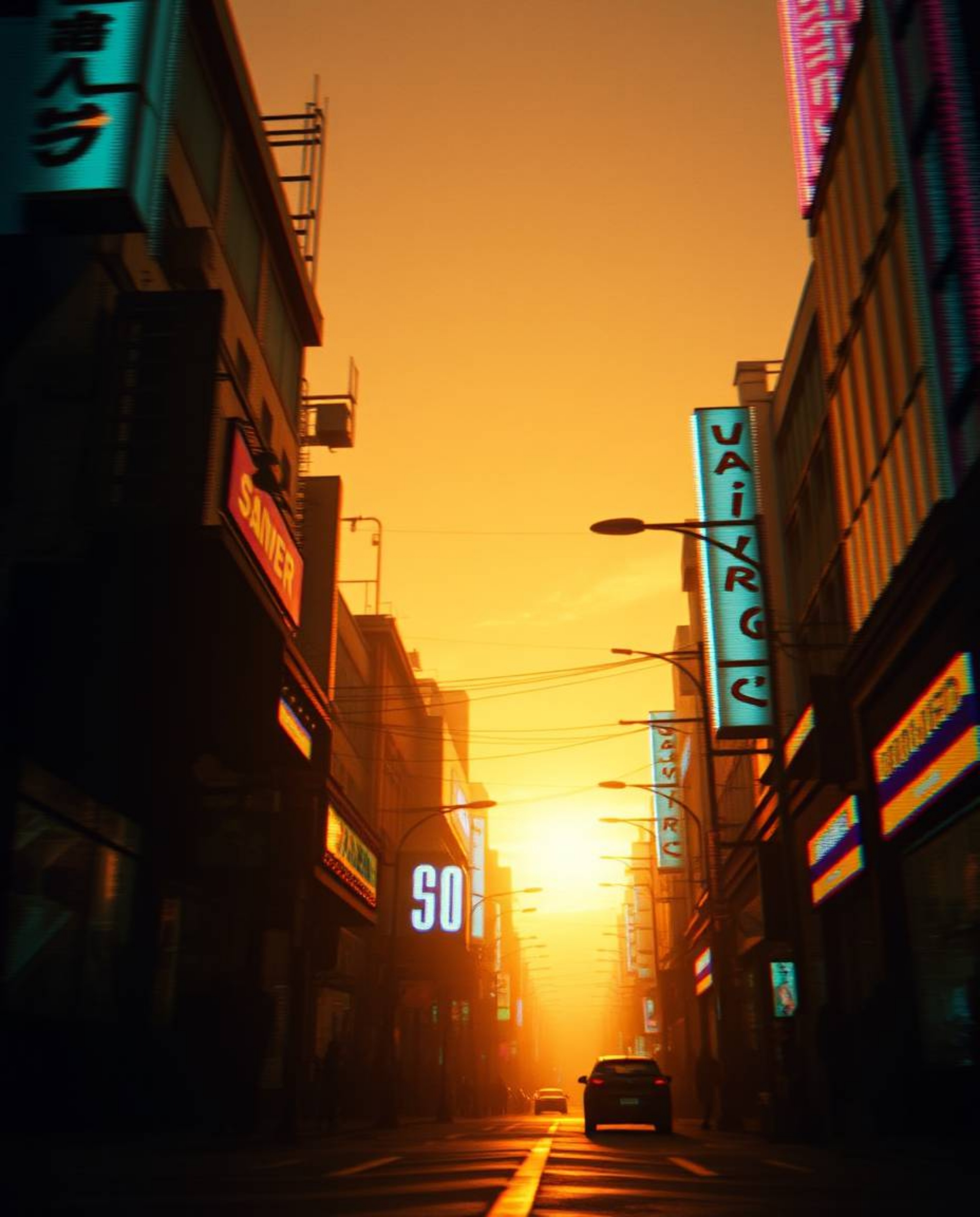A captivating pixelated glitch art image depicting a cyberpunk street scene.  Bathed in the warm glow of golden hour light, t