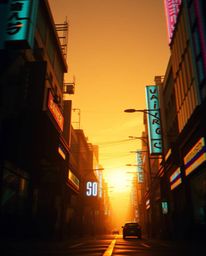 A captivating pixelated glitch art image depicting a cyberpunk street scene.  Bathed in the warm glow of golden hour light, t