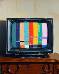 A captivating oil painting showcases a retro-style TV screen glitch with striking RGB separation.  The artwork features rich 