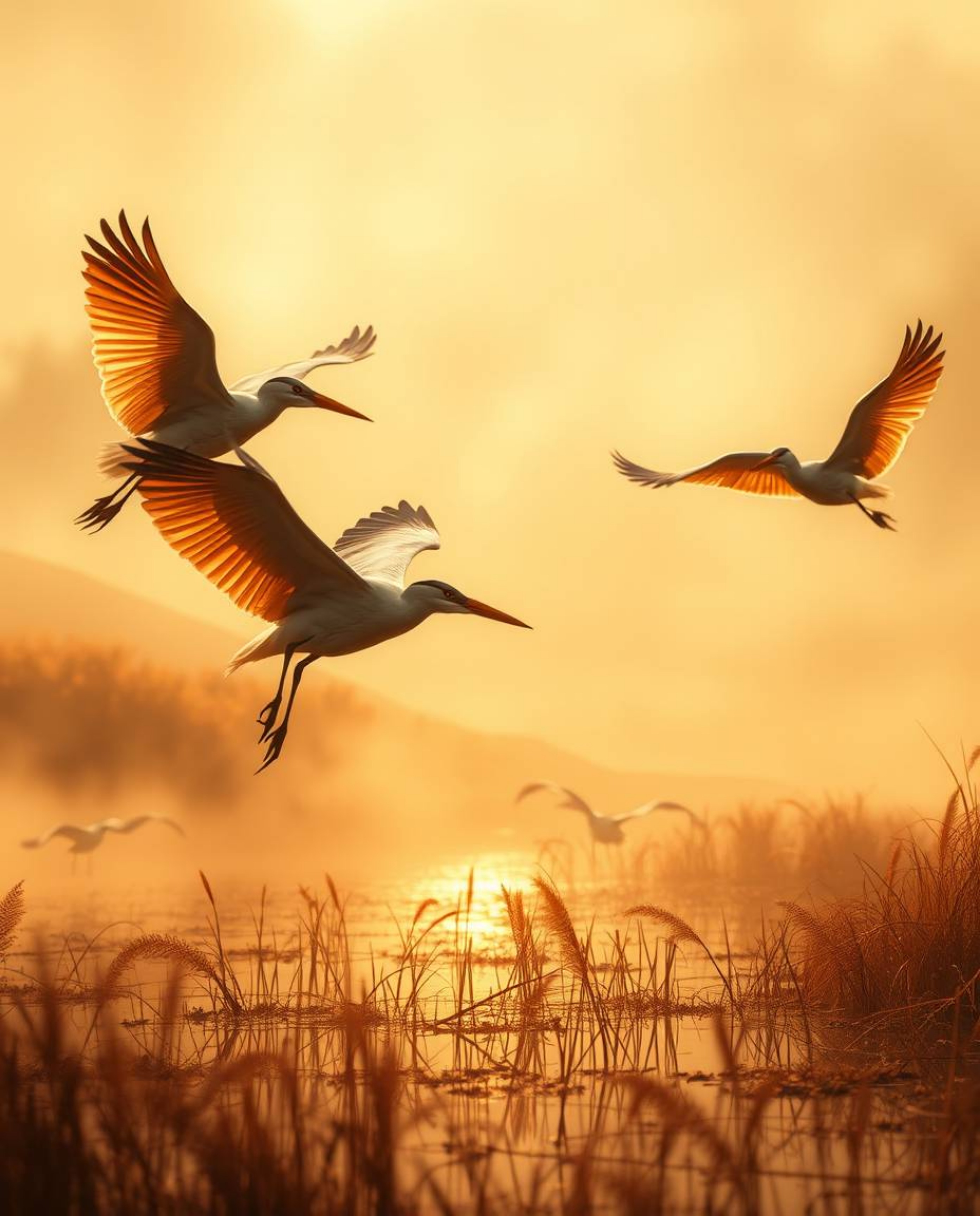 A digital painting of herons flying in a golden hour wetlands scene, exuding a radiant and luxurious feel. This artwork is ch
