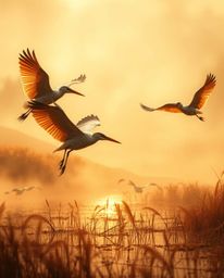 A digital painting of herons flying in a golden hour wetlands scene, exuding a radiant and luxurious feel. This artwork is ch
