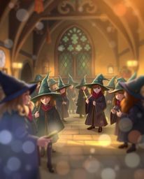 This digital painting depicts a magical school brimming with young wizards, employing smooth gradient transitions, a blurred 