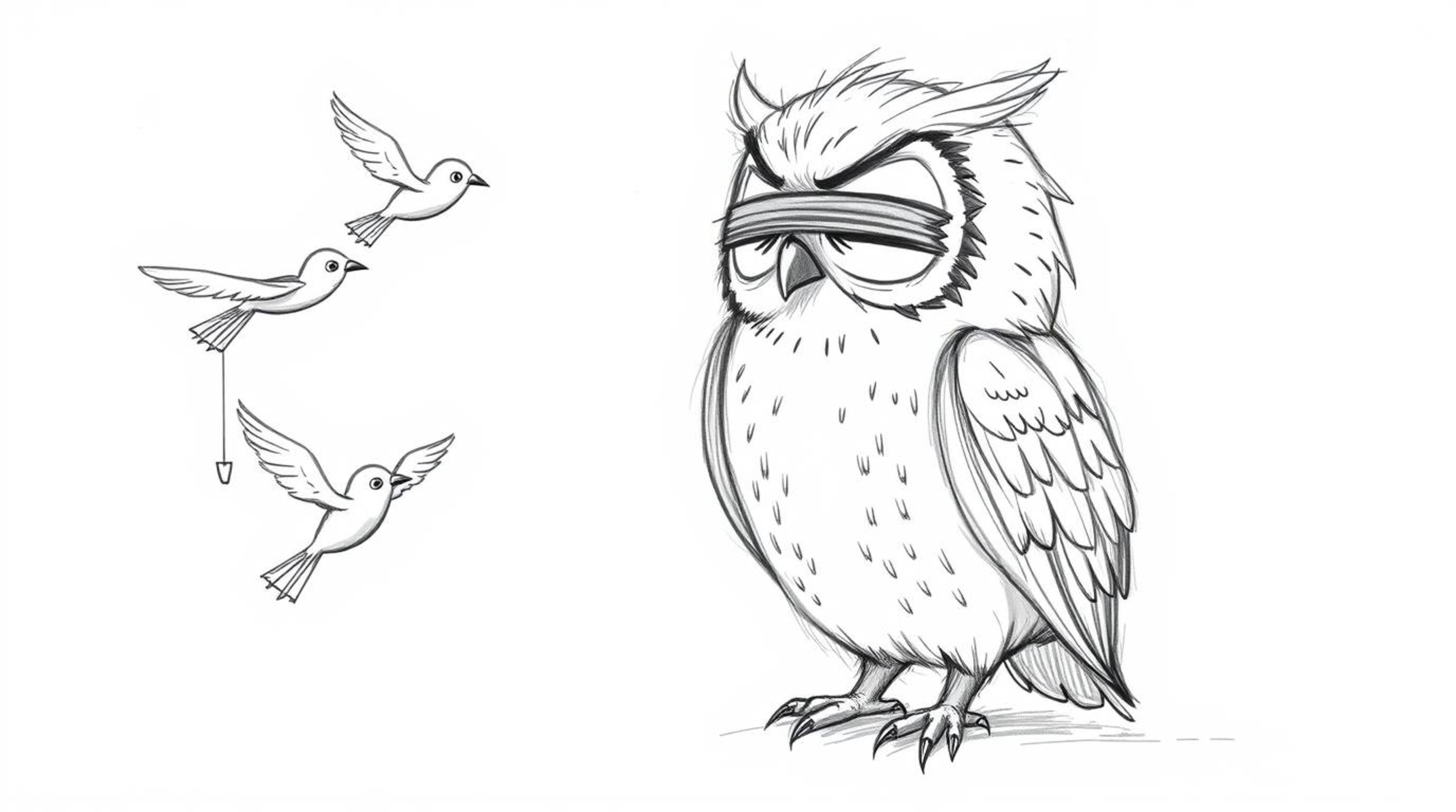 A heartwarming hand-drawn sketch in the style of Pixar portrays a blind owl, characterized by soft, rounded features, dedicat