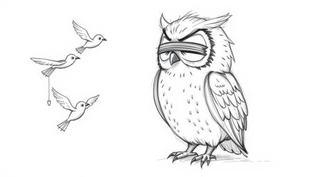 A heartwarming hand-drawn sketch in the style of Pixar portrays a blind owl, characterized by soft, rounded features, dedicat