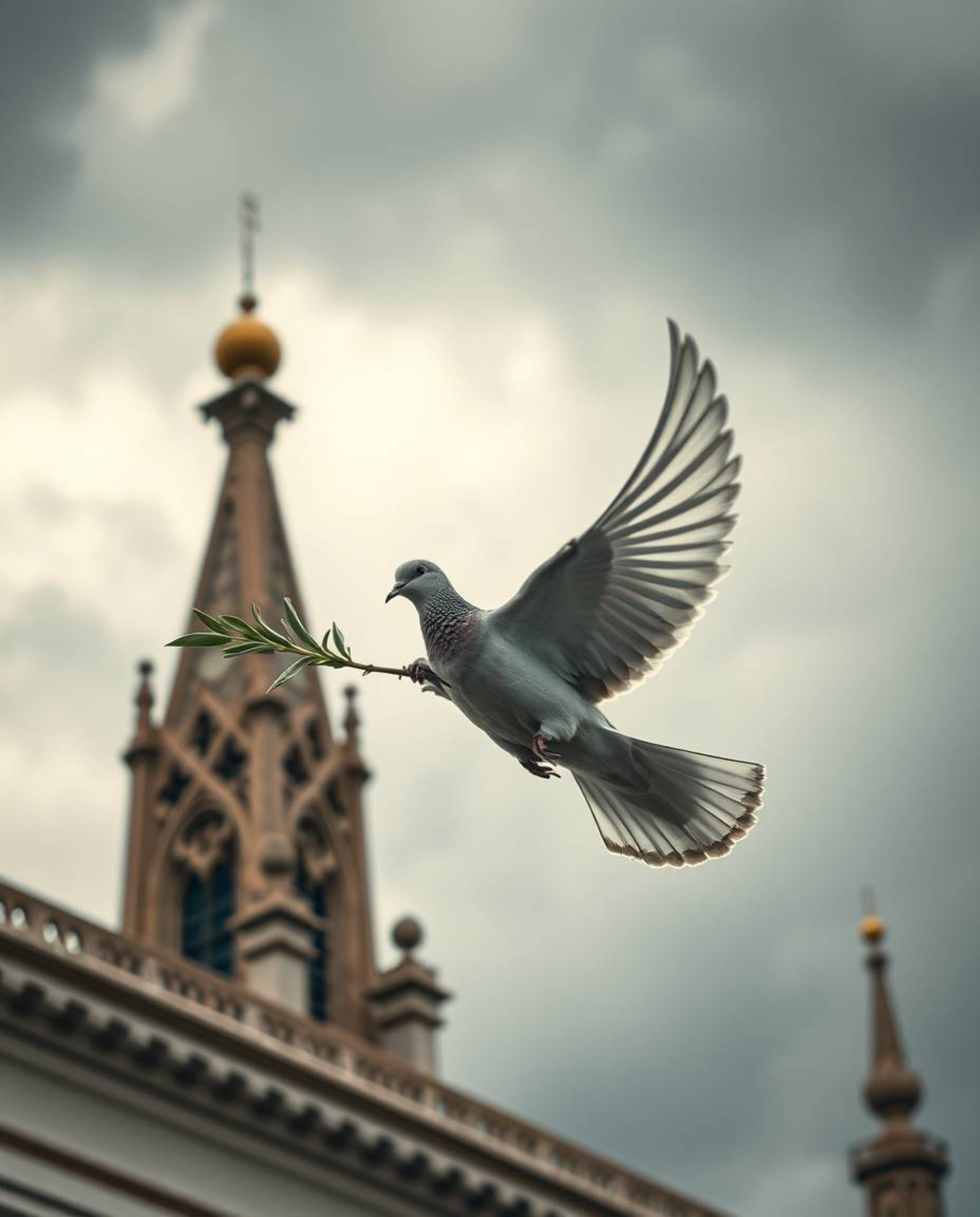 A striking image of a dove carrying an olive branch soaring through turbulent stormy skies, captured with the precision and d