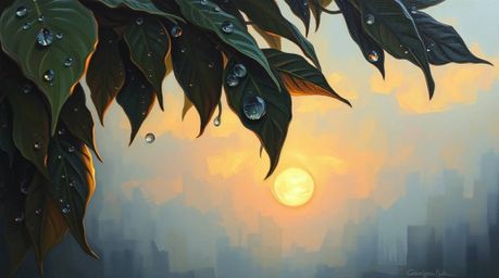 Experience the ethereal beauty of a spiritual oil painting depicting a sunset reflected in raindrops on leaves.  The artwork 