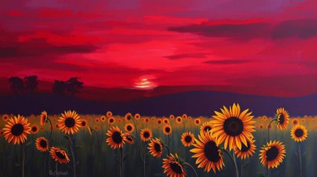 A captivating acrylic painting depicts a sunflower field bathed in soft, gentle light under a dramatic deep red and purple sk