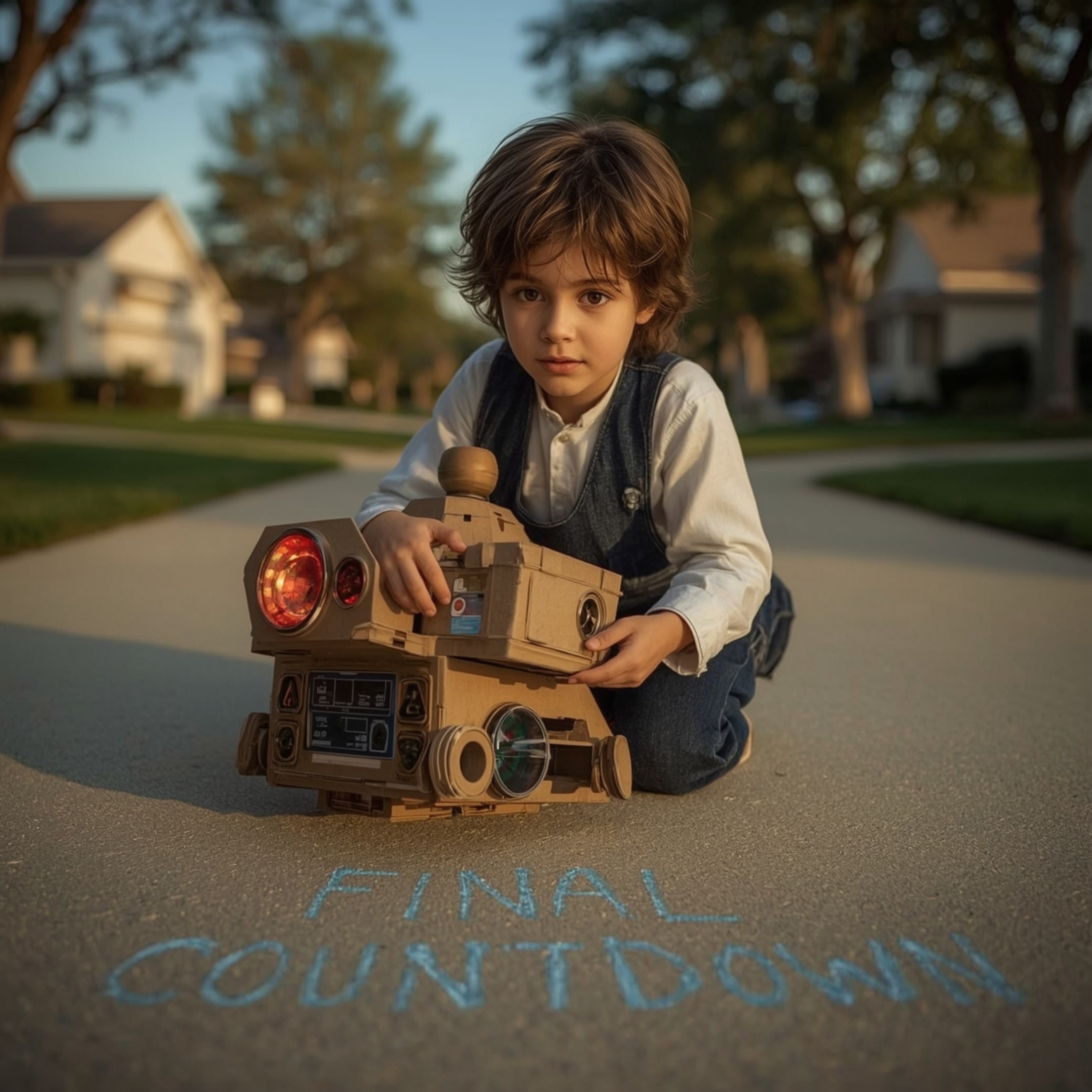 A captivating high fashion photograph captures a young boy with bright, curious eyes and messy brown hair, dressed in a styli