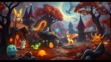 Explore a vibrant fantasy kingdom teeming with quirky magical creatures, bathed in the enchanting glow of bioluminescence and