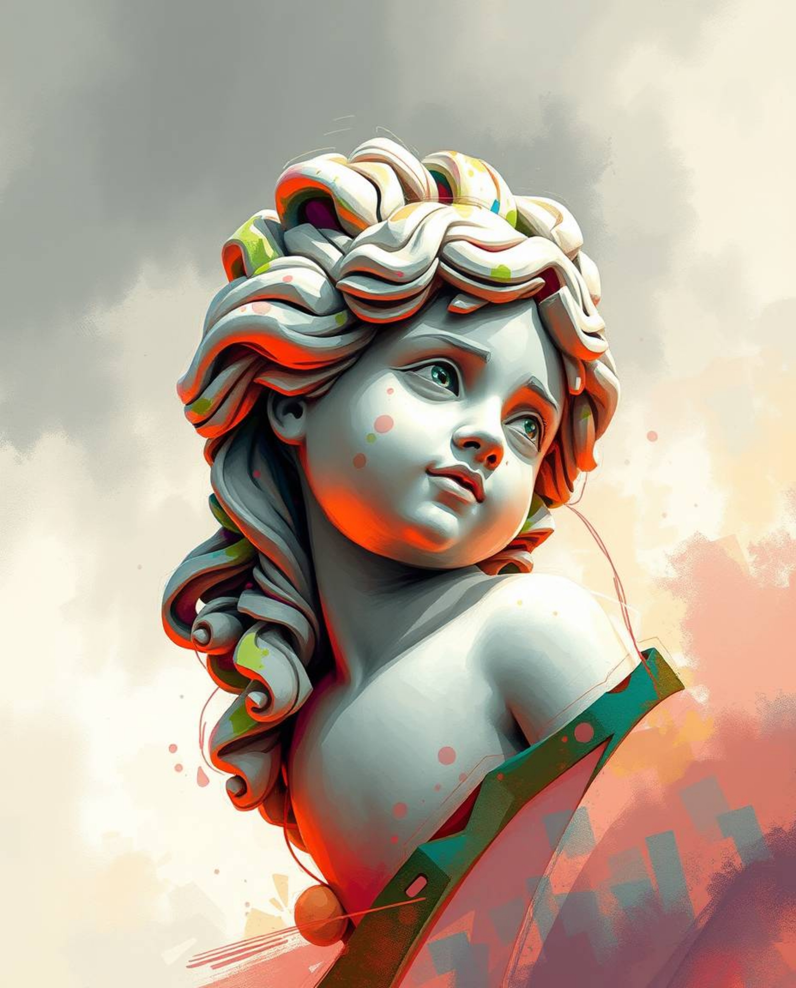 A captivating digital artwork depicts an adorable classical sculpture infused with a vibrant glitch effect.  Loose, painterly
