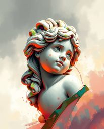 A captivating digital artwork depicts an adorable classical sculpture infused with a vibrant glitch effect.  Loose, painterly